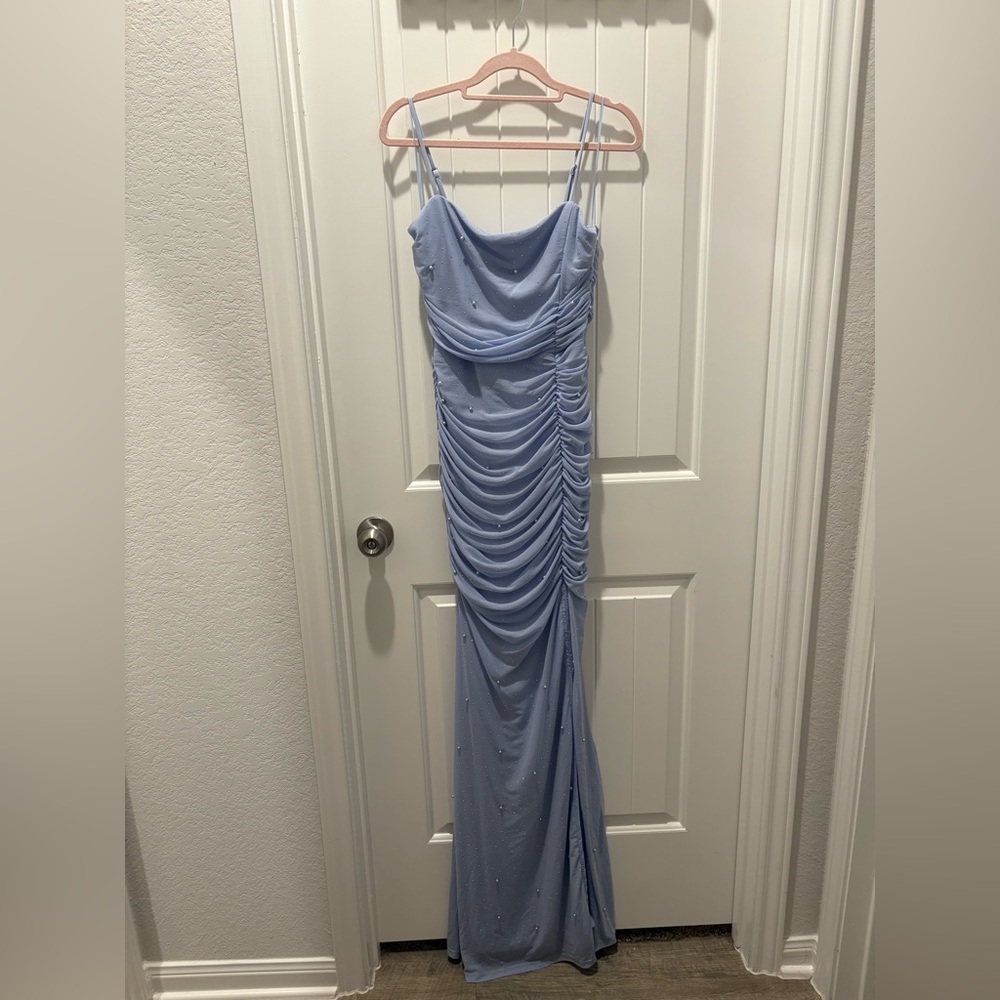 Light Blue Faux Pearl Beaded Formal Dress
